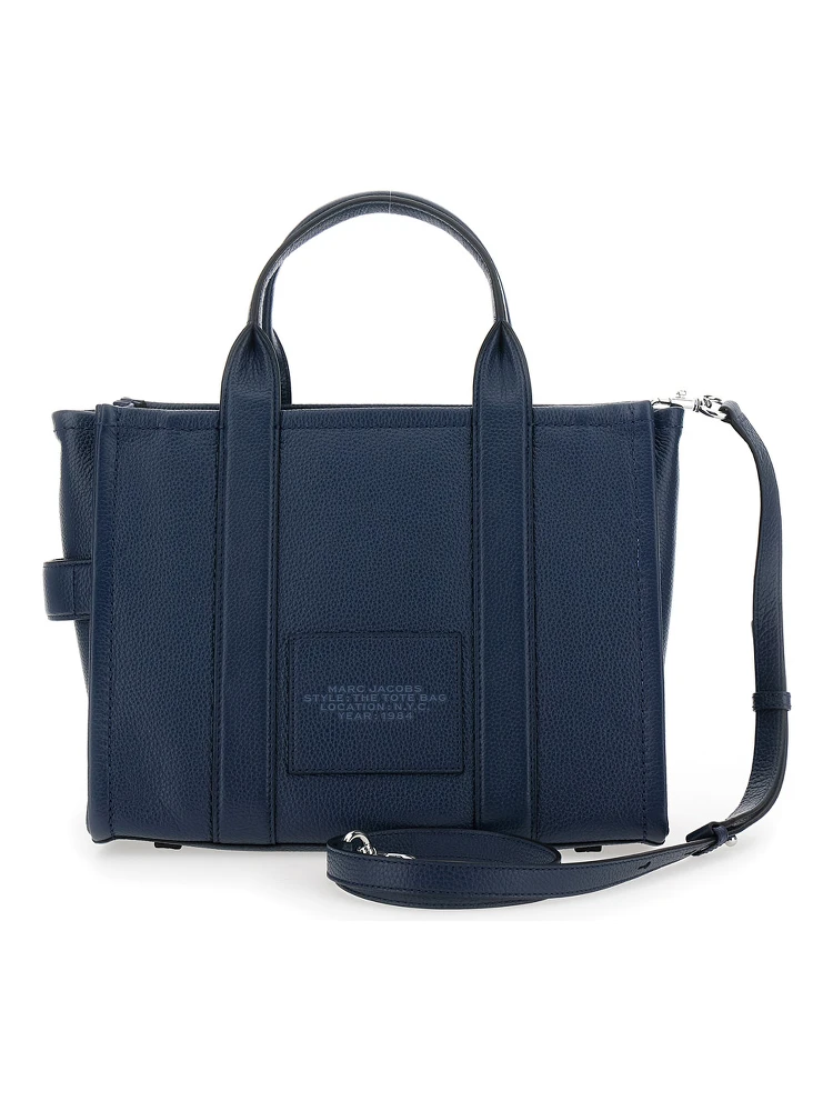 The Tote Bag Medium Blue Bag with Logo Print on the Front in Hammered Leather Woman alternative