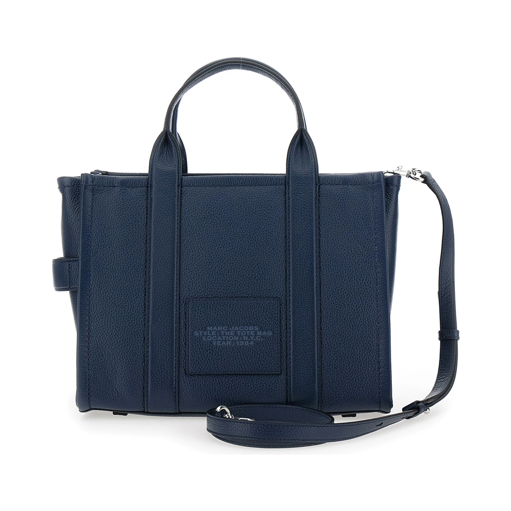 The Tote Bag Medium Blue Bag with Logo Print on the Front in Hammered Leather Woman