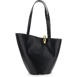 Le Bambola Moyen Black Shoulder Bag with Front Metal Ring Closure and Embossed Logo Lettering on the Front in Leather Woman