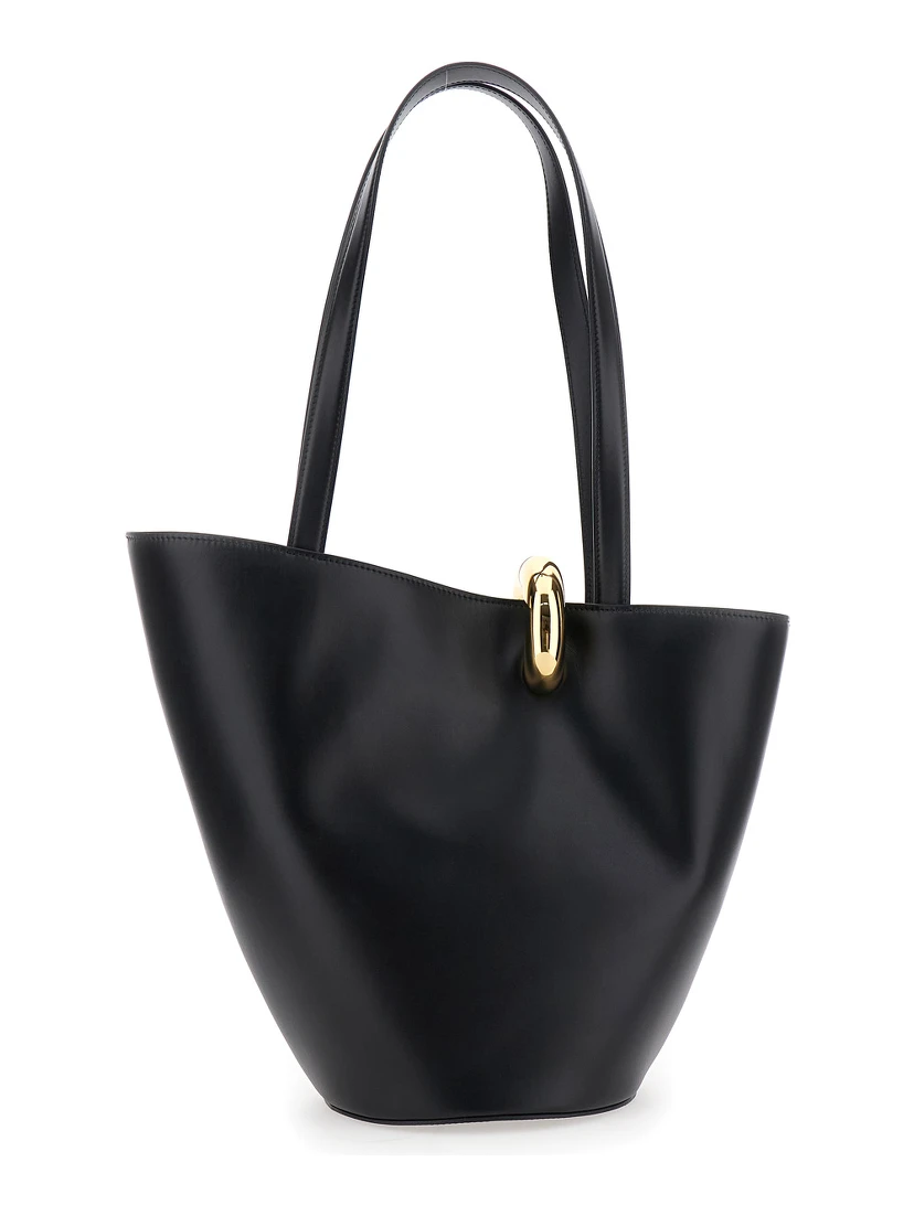 Le Bambola Moyen Black Shoulder Bag with Front Metal Ring Closure and Embossed Logo Lettering on the Front in Leather Woman