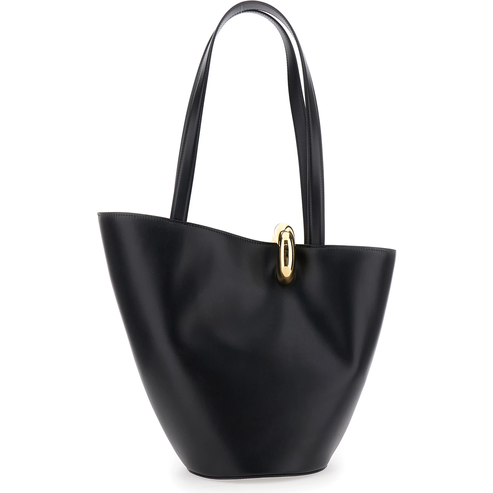 Le Bambola Moyen Black Shoulder Bag with Front Metal Ring Closure and Embossed Logo Lettering on the Front in Leather Woman