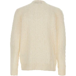 White Cable Knit Crewneck Sweater with Pony Embroidery on the Front in Wool and Cashmere Man