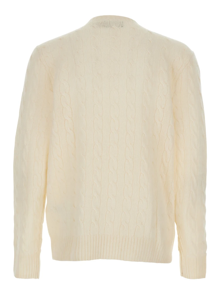 White Cable Knit Crewneck Sweater with Pony Embroidery on the Front in Wool and Cashmere Man alternative