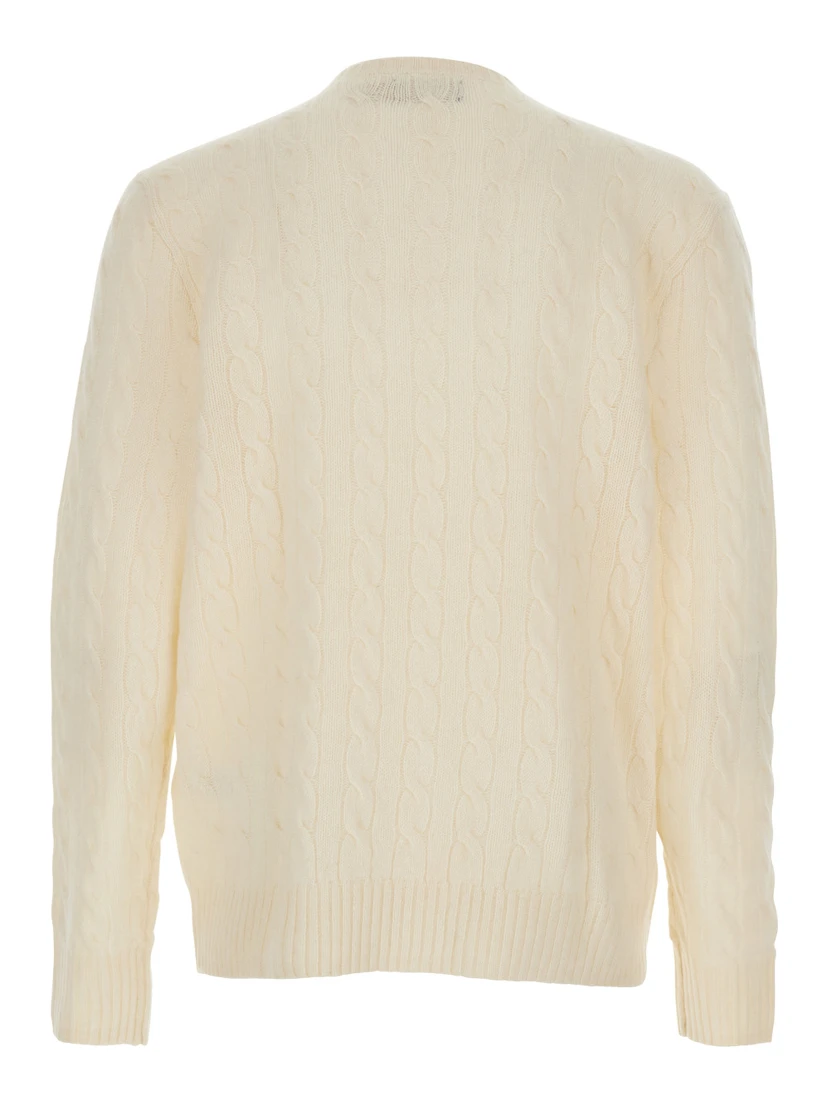 White Cable Knit Crewneck Sweater with Pony Embroidery on the Front in Wool and Cashmere Man