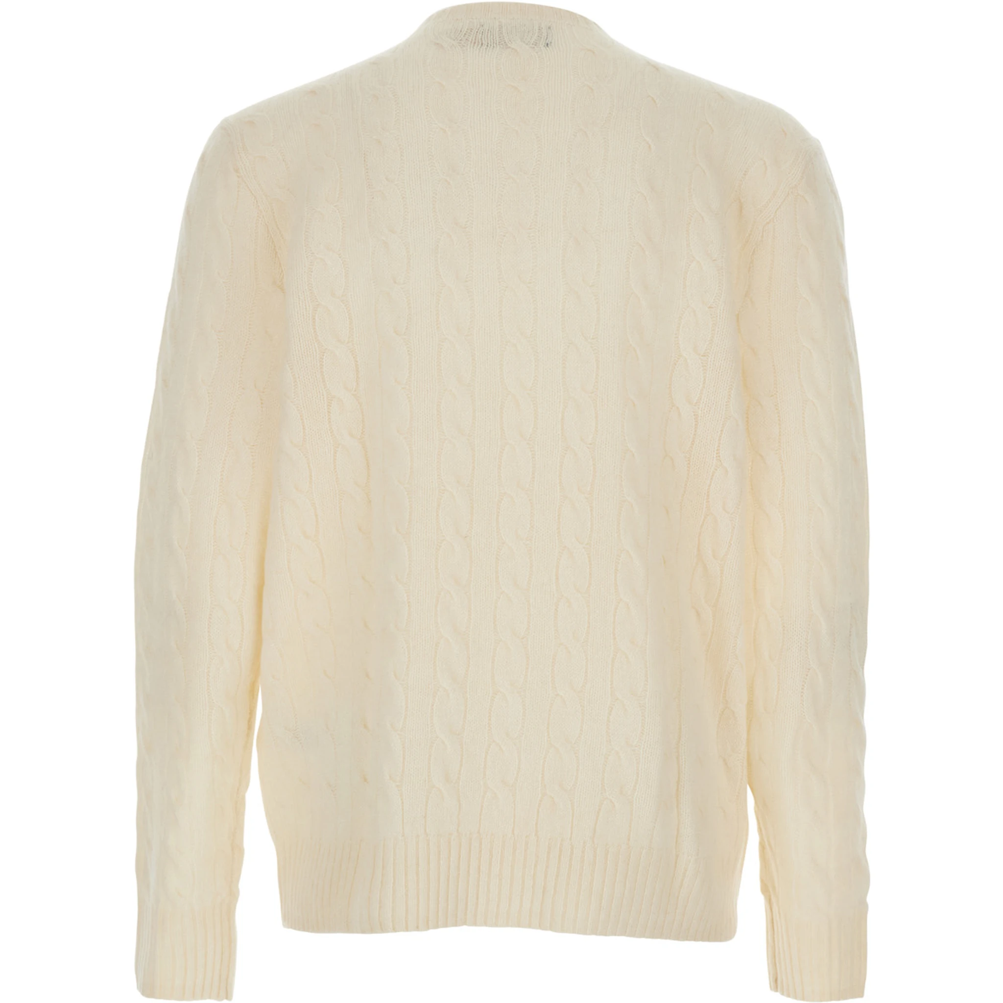 White Cable Knit Crewneck Sweater with Pony Embroidery on the Front in Wool and Cashmere Man