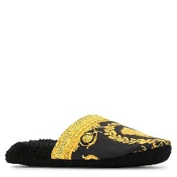 Black and Gold House Slippers in Cotton and Terry with Baroque Print