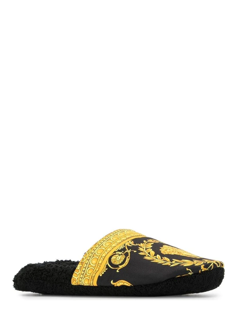 Black and Gold House Slippers in Cotton and Terry with Baroque Print