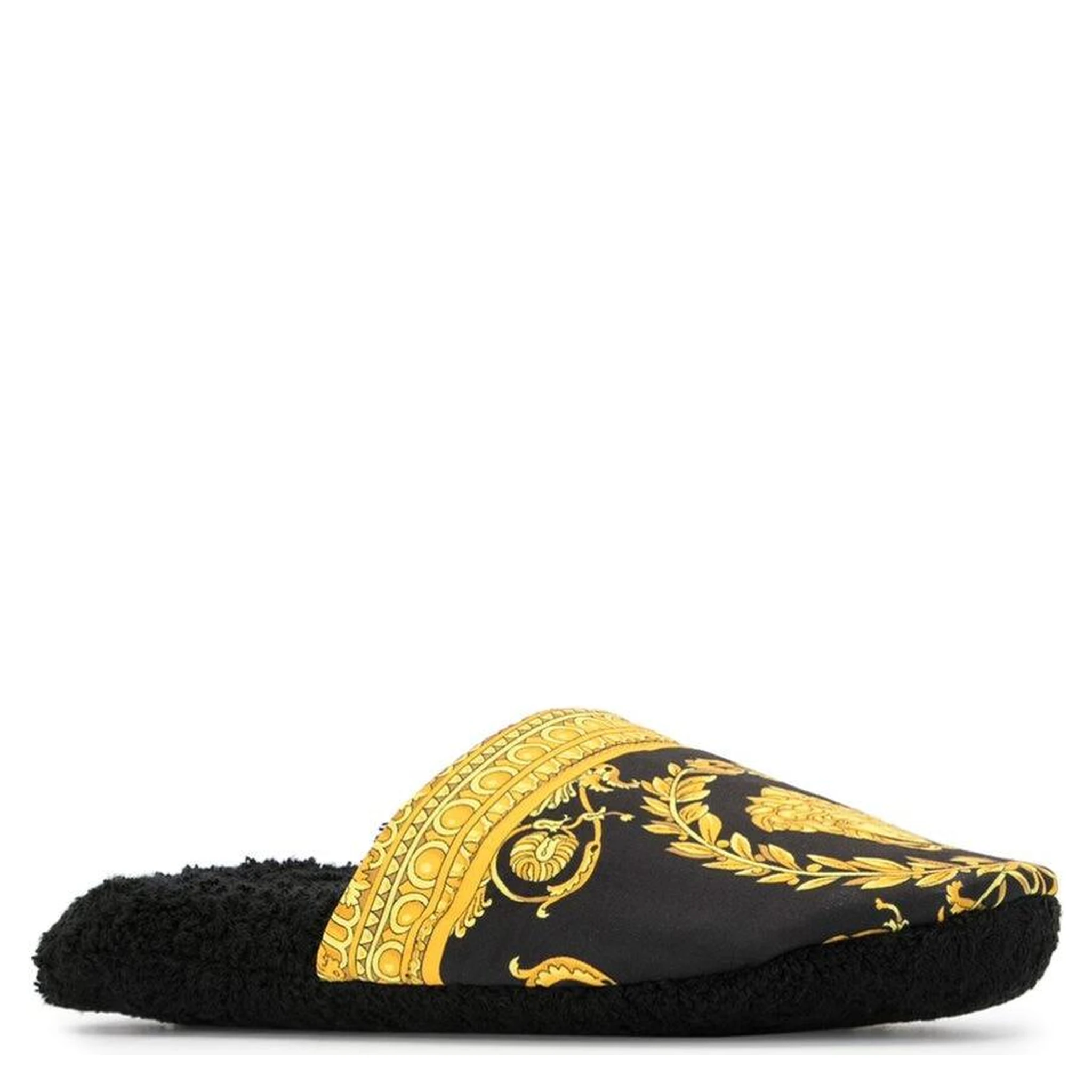 Black and Gold House Slippers in Cotton and Terry with Baroque Print