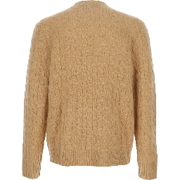Beige Cable Knit Crewneck Sweater with Pony Embroidery on the Front in Wool and Cashmere Man