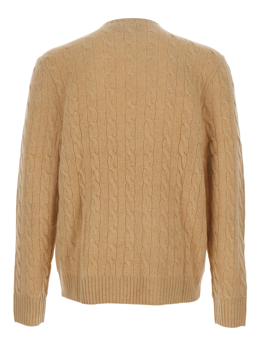 Beige Cable Knit Crewneck Sweater with Pony Embroidery on the Front in Wool and Cashmere Man