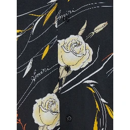 Black Bowling Shirt with Cuban Collar and All-Over Floral Motif in Viscose Man