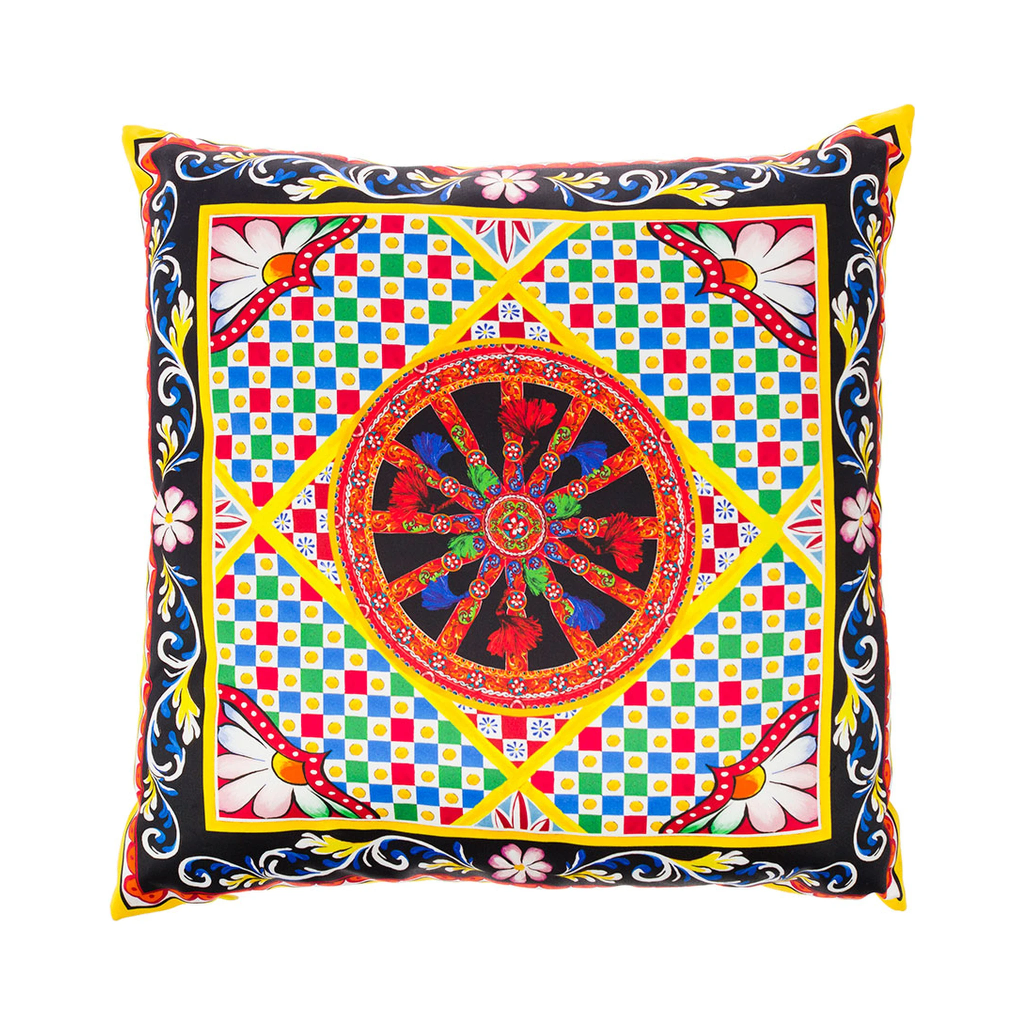 Multicolor Small Cushion with Carretto Foulard Print in Duchesse Cotton Dolce & Gabbana