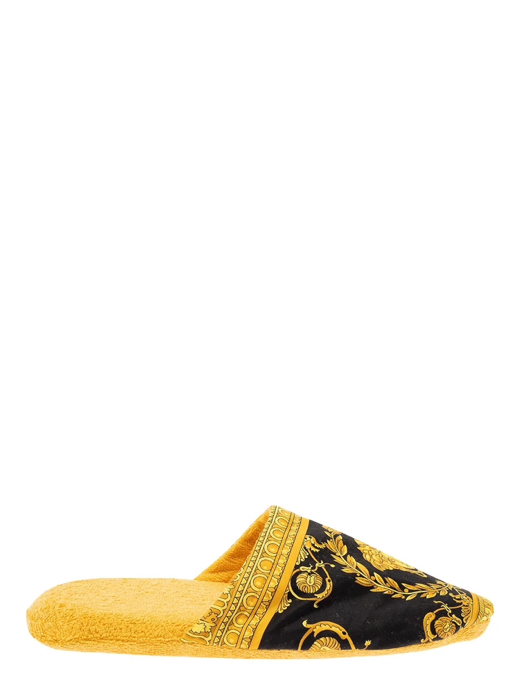 Ciabatte da Casa Nere e Oro in Cotone e Spugna con Stampa Barocca