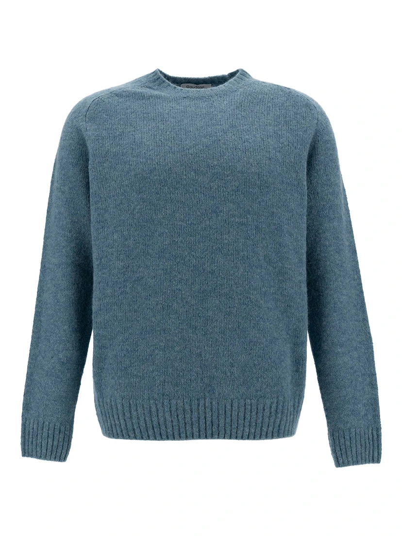 Light Blue Crewneck Sweater with Ribbed Trims in Alpaca and Wool Man