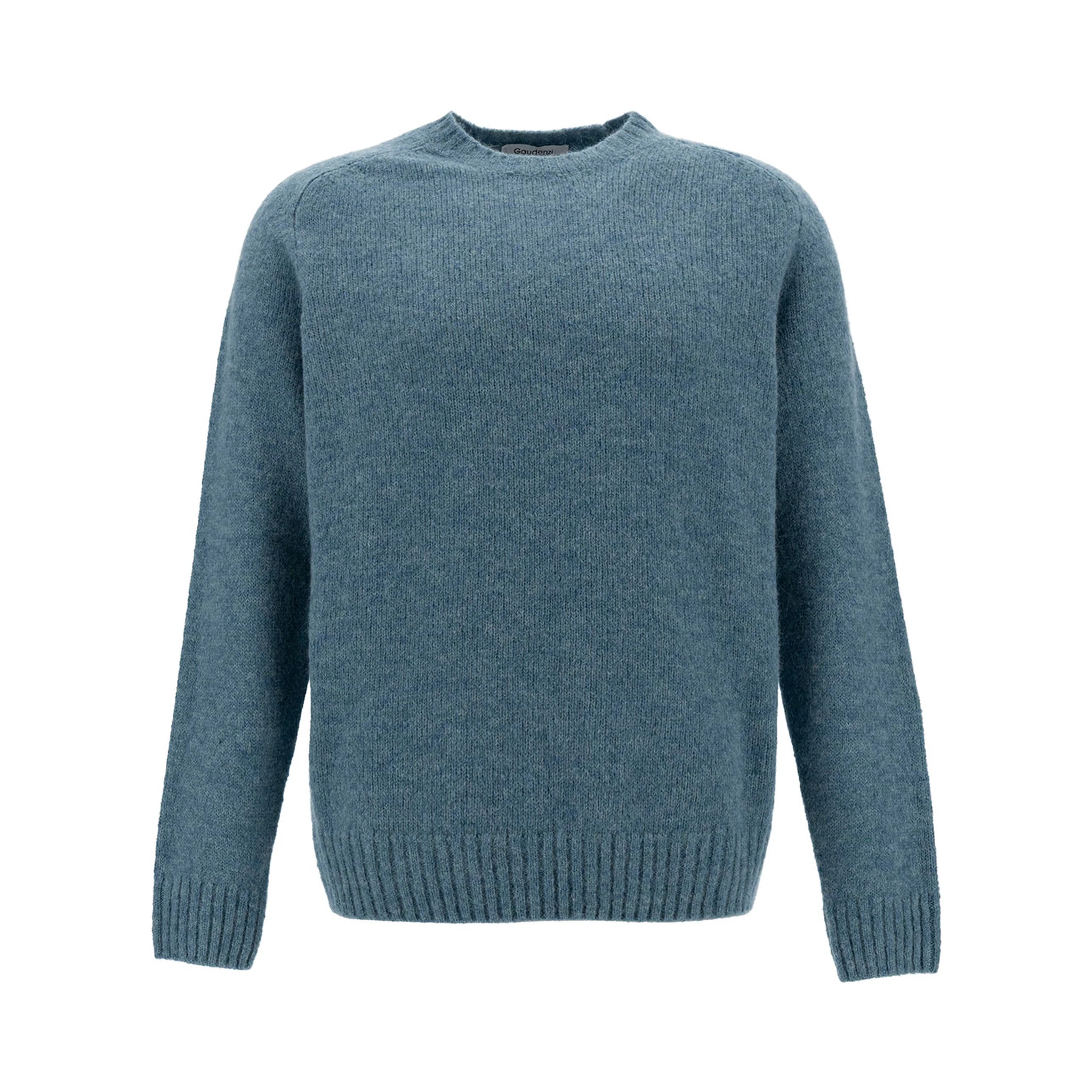 Light Blue Crewneck Sweater with Ribbed Trims in Alpaca and Wool Man
