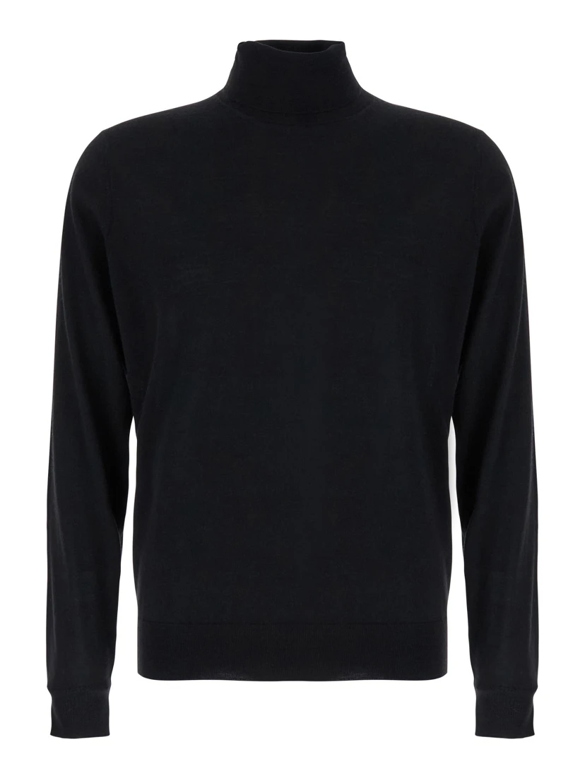 Black Turtleneck Sweater in Merino Wool and Silk Blend Man