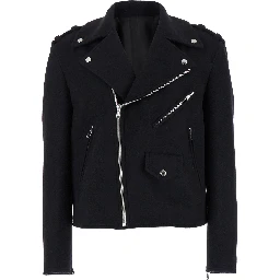 Black Biker Jacket with Zip Closure in Wool Man