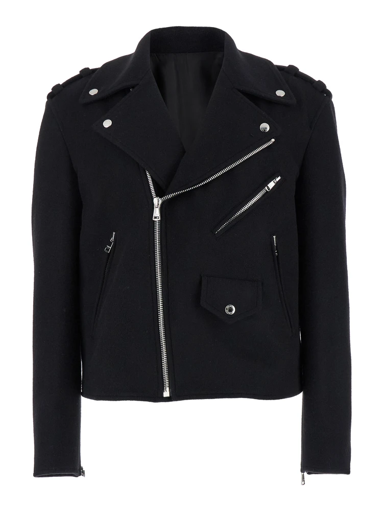 Black Biker Jacket with Zip Closure in Wool Man