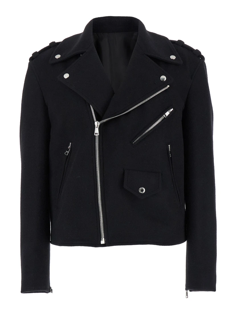 Black Biker Jacket with Zip Closure in Wool Man