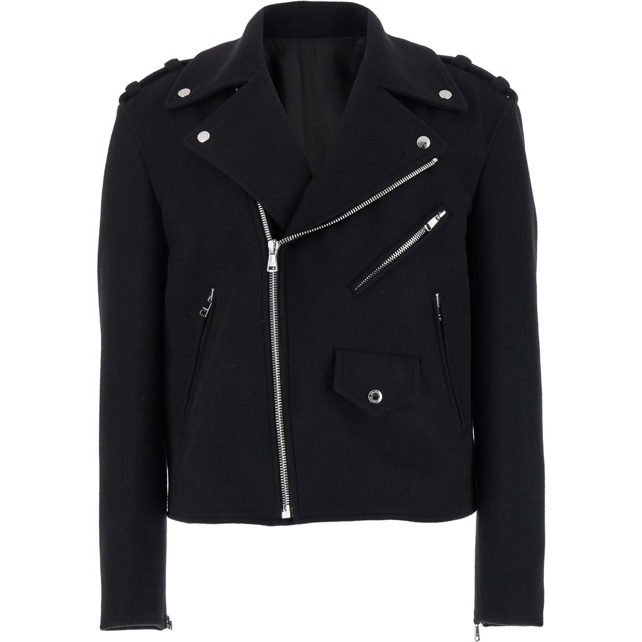 Black Biker Jacket with Zip Closure in Wool Man