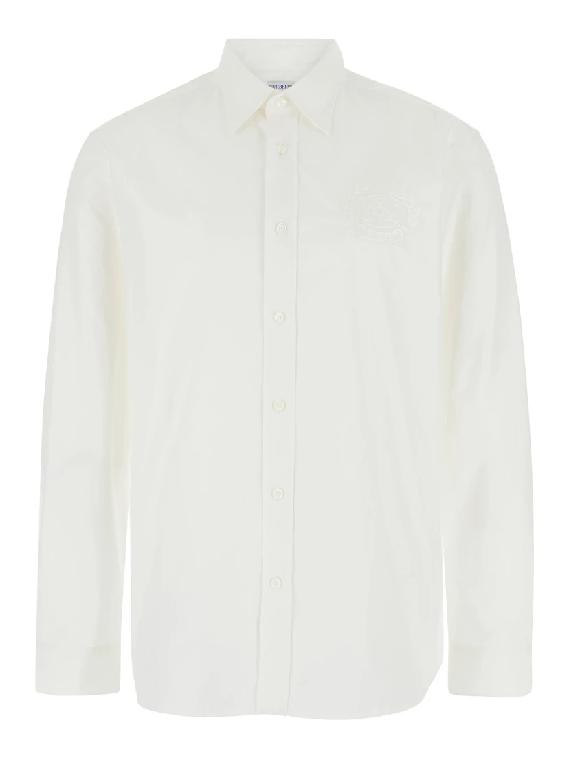 White Shirt with Classic Collar and Embroidered Logo on the Front in Cotton Man