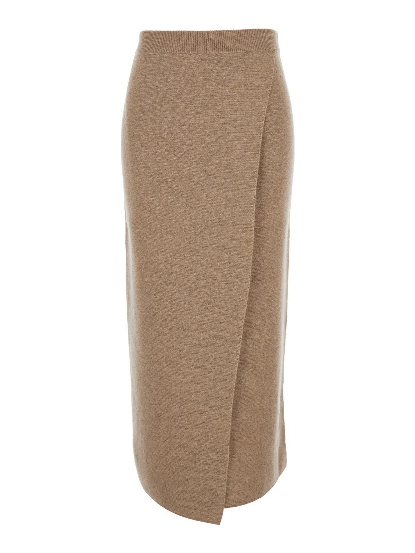 Umbria Long Beige Skirt with Front Slit in Wool and Cashmere Woman
