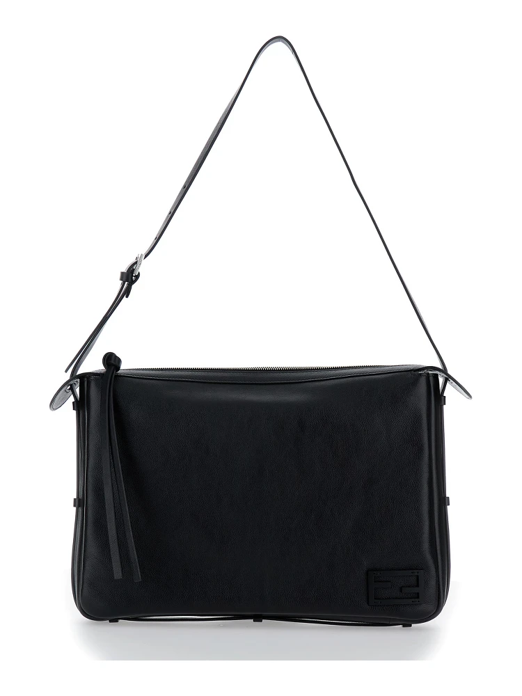 Simply Fendi Large Black Shoulder Bag with FF Detail in Leather Woman