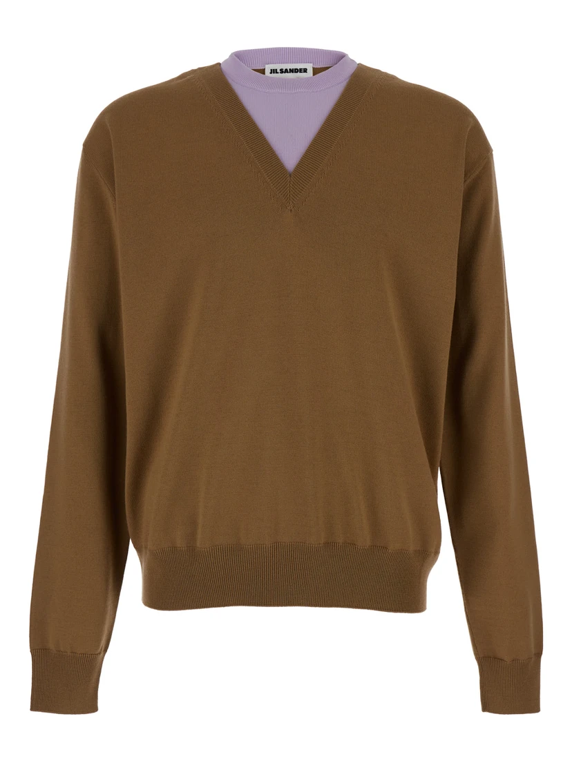 Brown and Lillac Double-neck Sweater in Wool Man