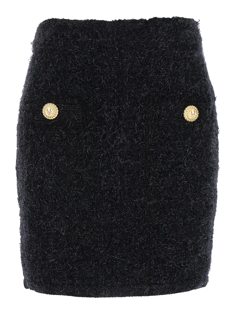 Black Pencil Mini Skirt with Jewel Buttons in Tweed Woman