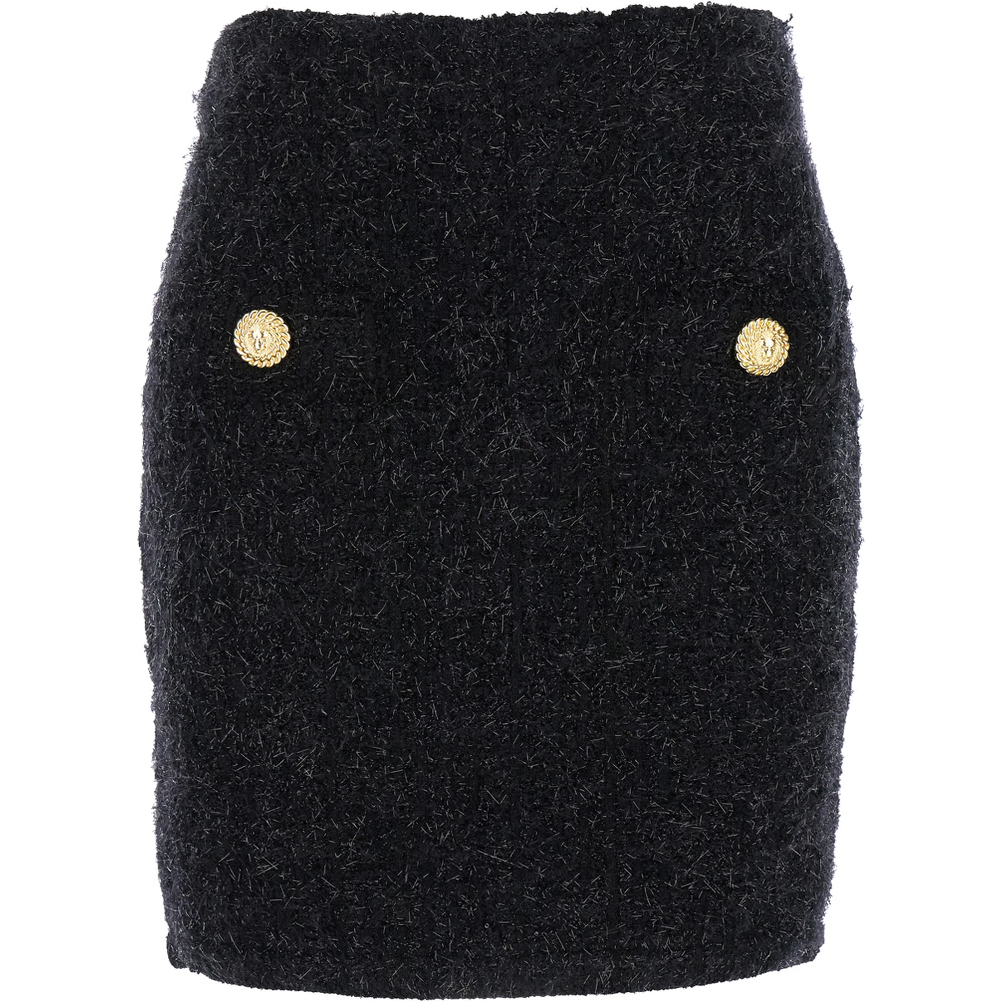 Black Pencil Mini Skirt with Jewel Buttons in Tweed Woman