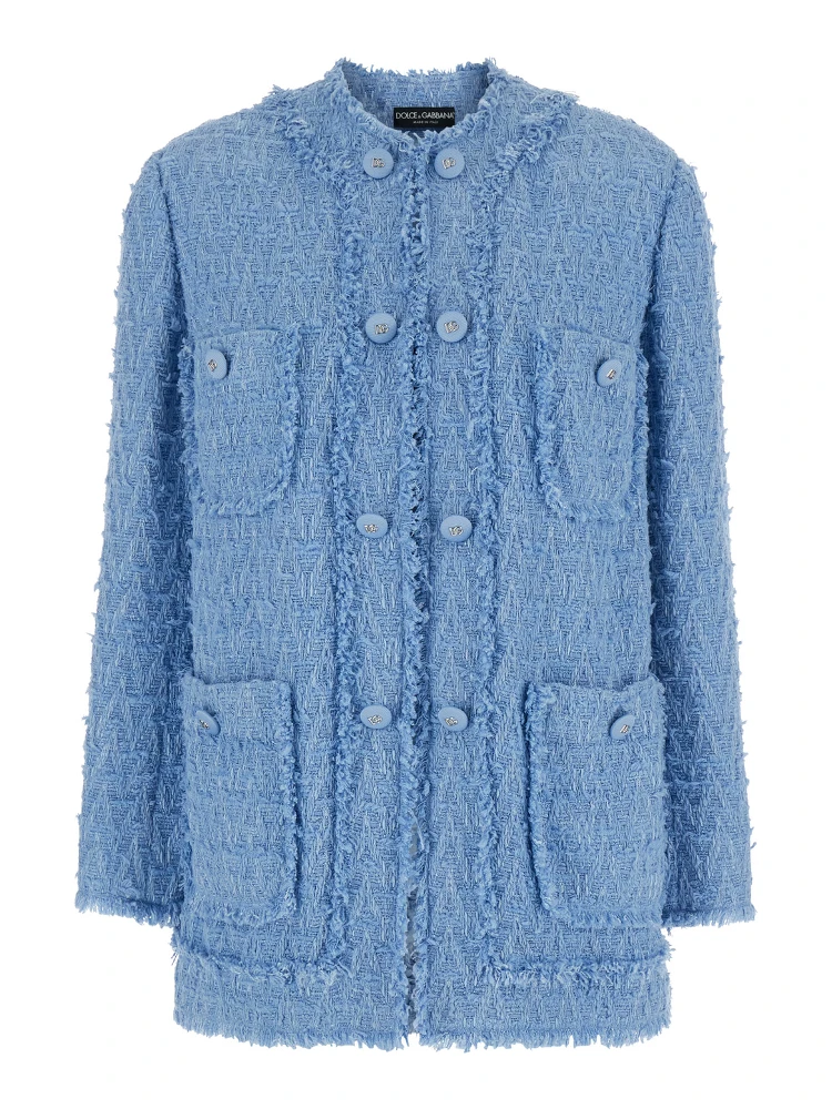 Light blue Single-Breasted Jacket with Logo Detail on Buttons in Cotton Blend Woman
