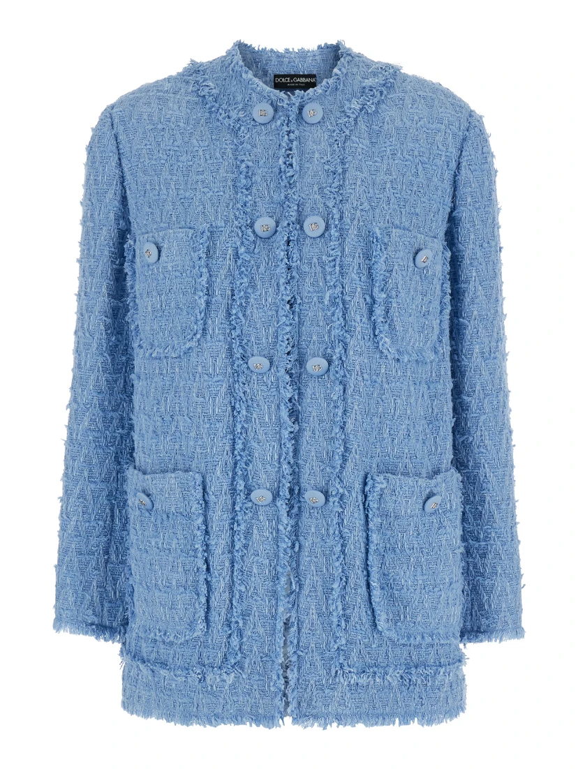 Light blue Single-Breasted Jacket with Logo Detail on Buttons in Cotton Blend Woman