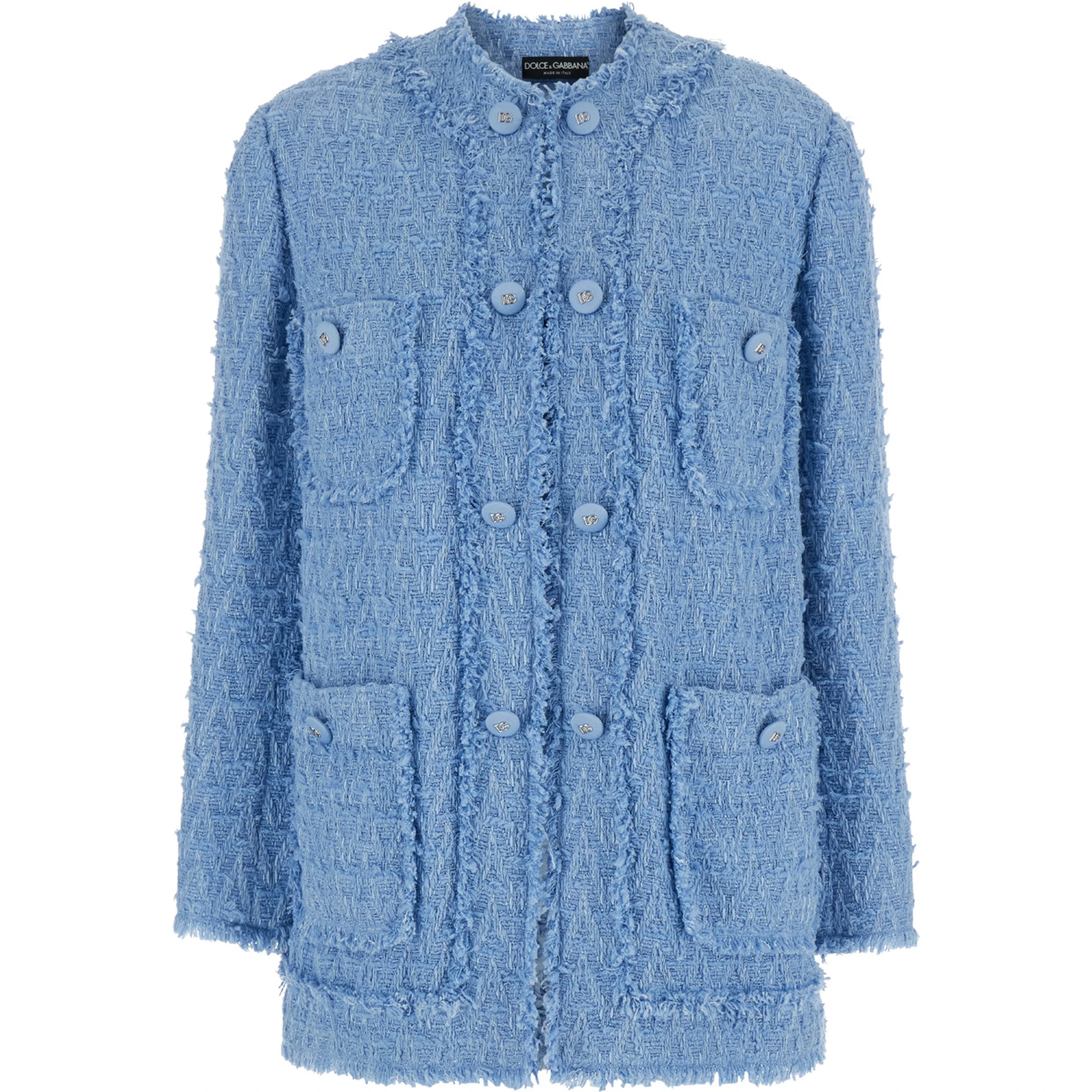 Light blue Single-Breasted Jacket with Logo Detail on Buttons in Cotton Blend Woman