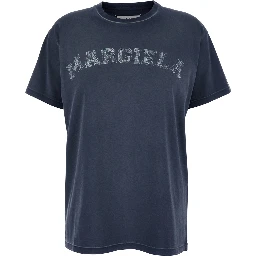 Blue Crewneck T-Shirt with Logo Lettering Print in Cotton Woman