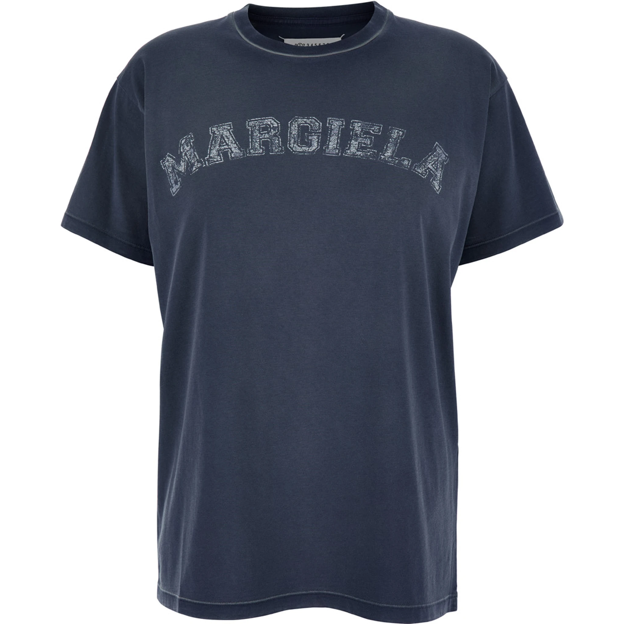 Blue Crewneck T-Shirt with Logo Lettering Print in Cotton Woman