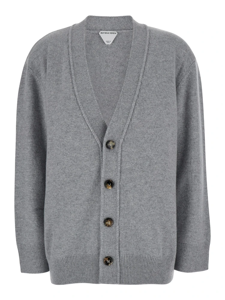 Grey Cardigan with Intrecciato Patch in Cashmere Woman