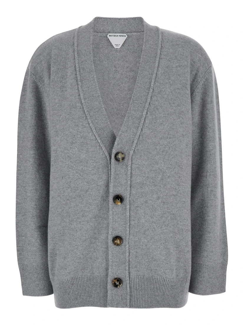 Grey Cardigan with Intrecciato Patch in Cashmere Woman