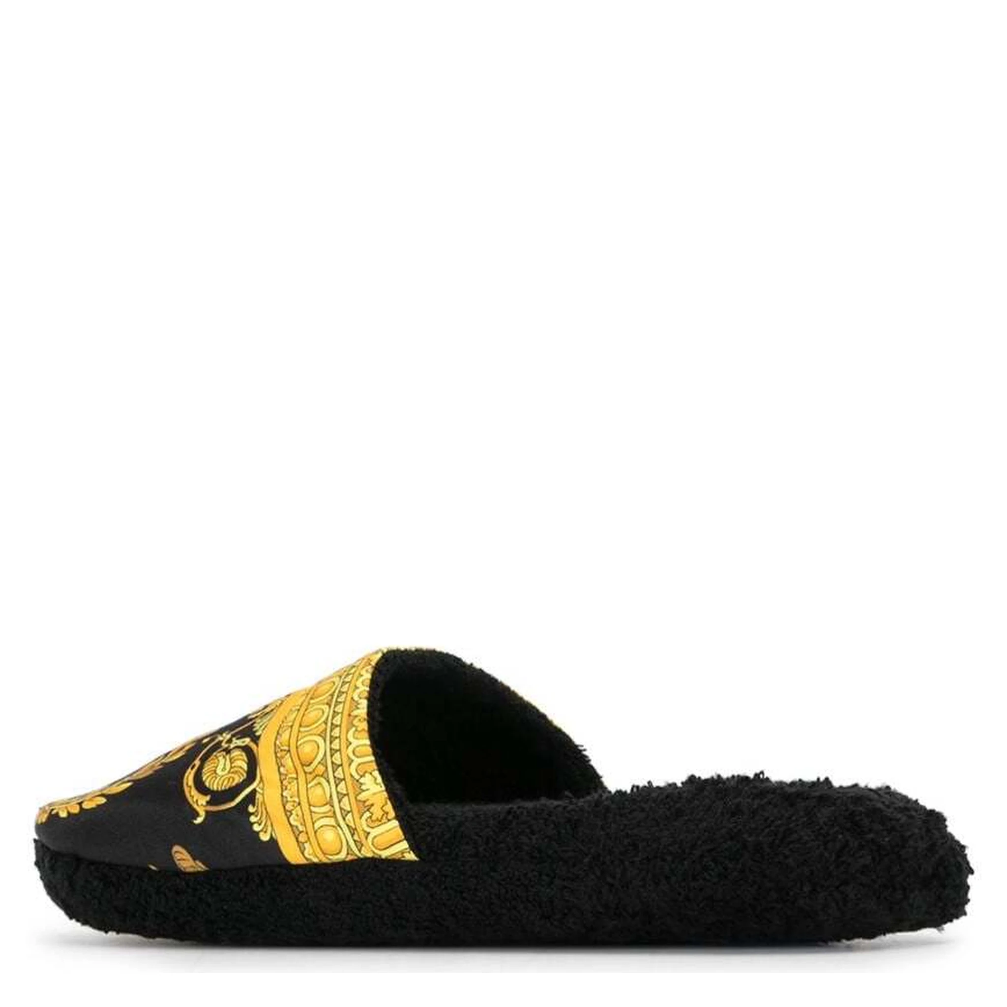 Black and Gold House Slippers in Cotton and Terry with Baroque Print