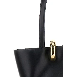 Le Bambola Moyen Black Shoulder Bag with Front Metal Ring Closure and Embossed Logo Lettering on the Front in Leather Woman
