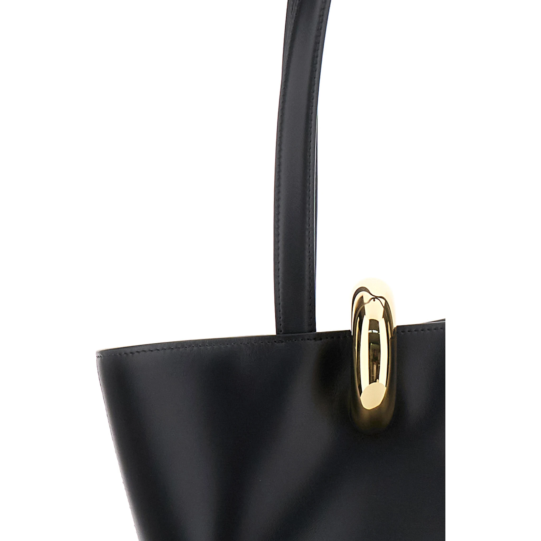 Le Bambola Moyen Black Shoulder Bag with Front Metal Ring Closure and Embossed Logo Lettering on the Front in Leather Woman