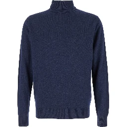 كنزة صوفية زرقاء برقبة عالية من مزيج صوف ميرينو والحرير للرجال