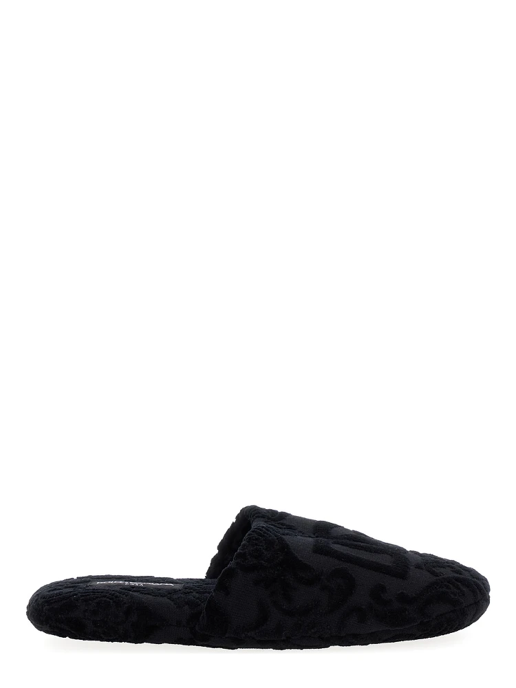 Black Slippers with DG Logo Jacquard in Cotton Terry