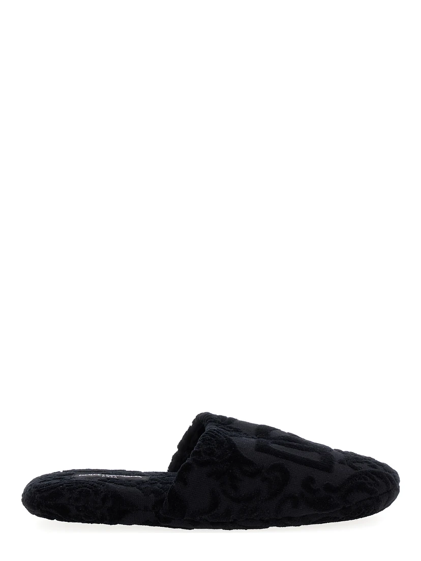 Black Slippers with DG Logo Jacquard in Cotton Terry