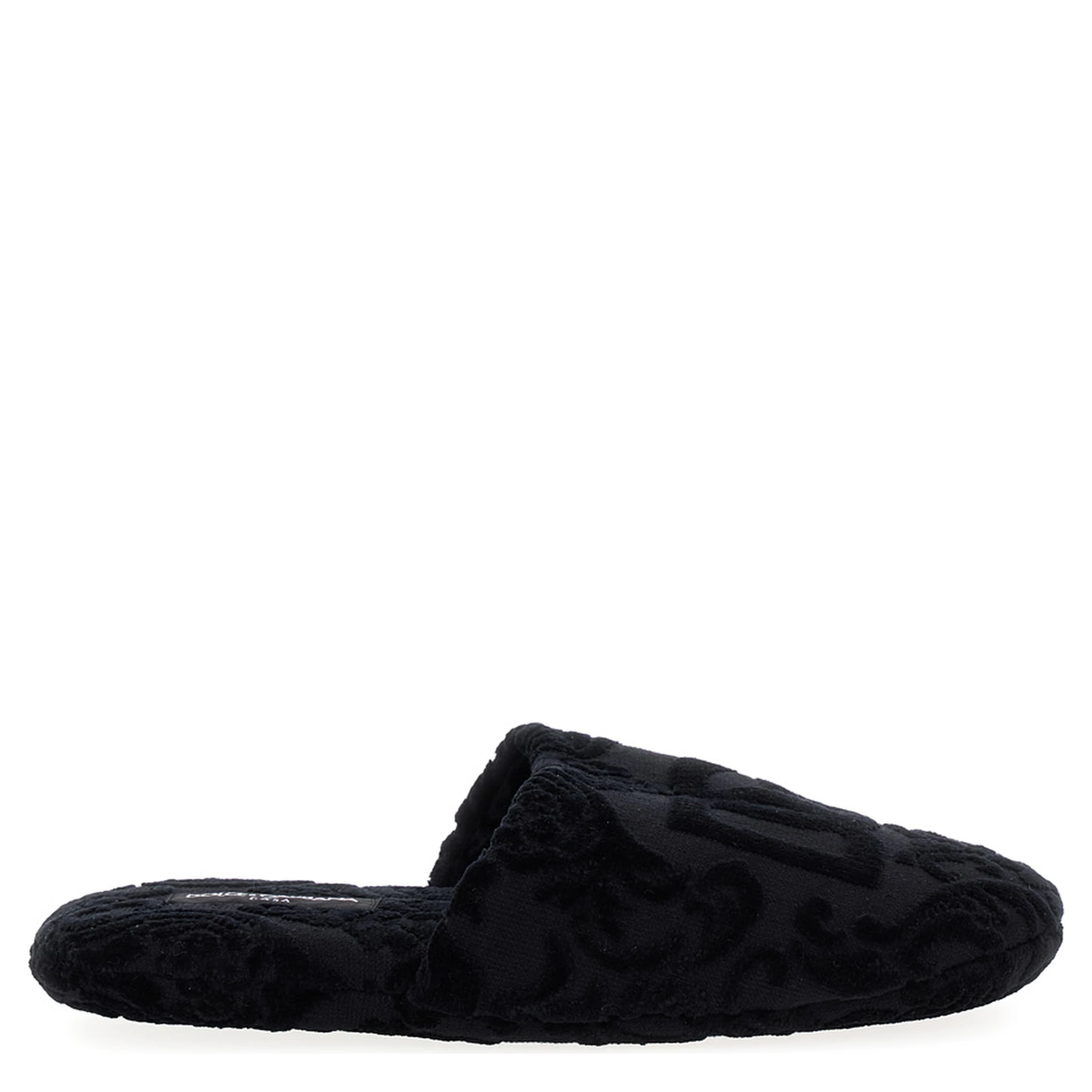 Black Slippers with DG Logo Jacquard in Cotton Terry