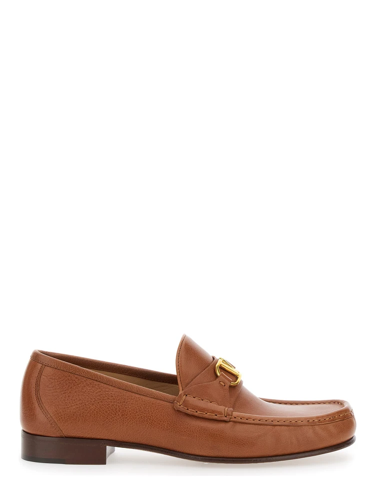 Brown Loafers with VLogo Signature Detail in Leather Man