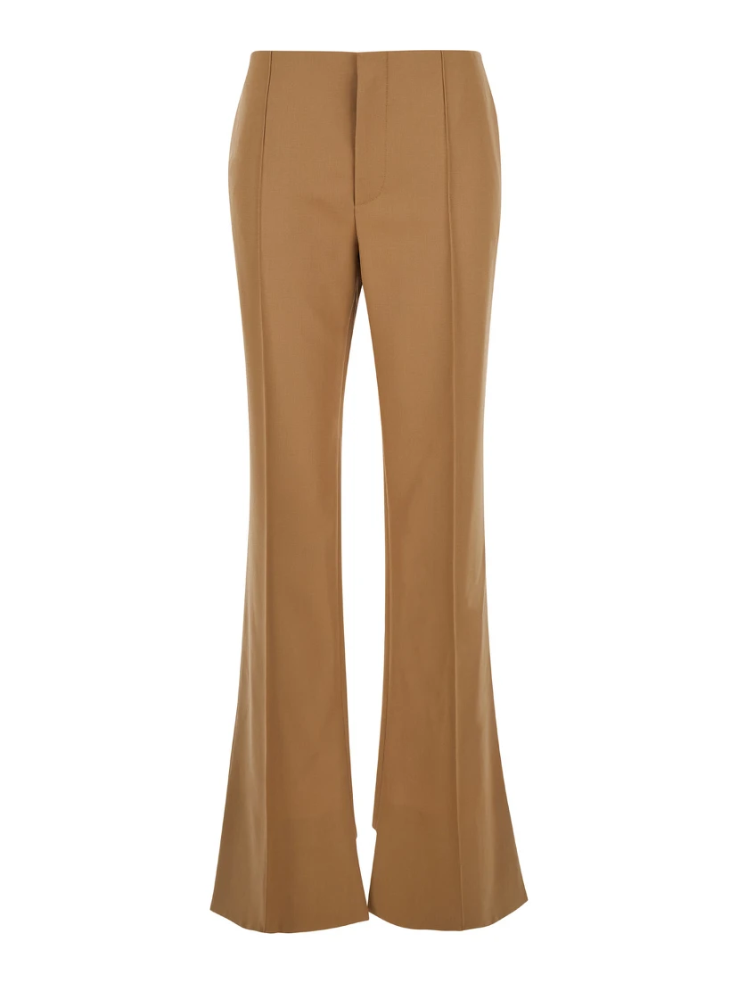 Beige Flared Pants with Asymmetric Hem in Grain de Poudre Wool Woman