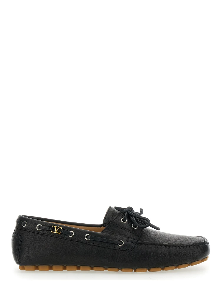 Fastaway Black Loafers with VLogo Plaque and Decorative Laces with Logo in Leather Man