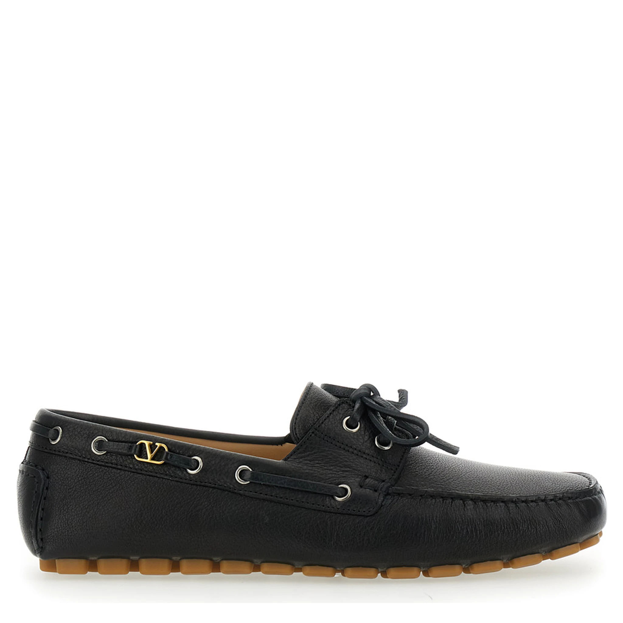 Fastaway Black Loafers with VLogo Plaque and Decorative Laces with Logo in Leather Man