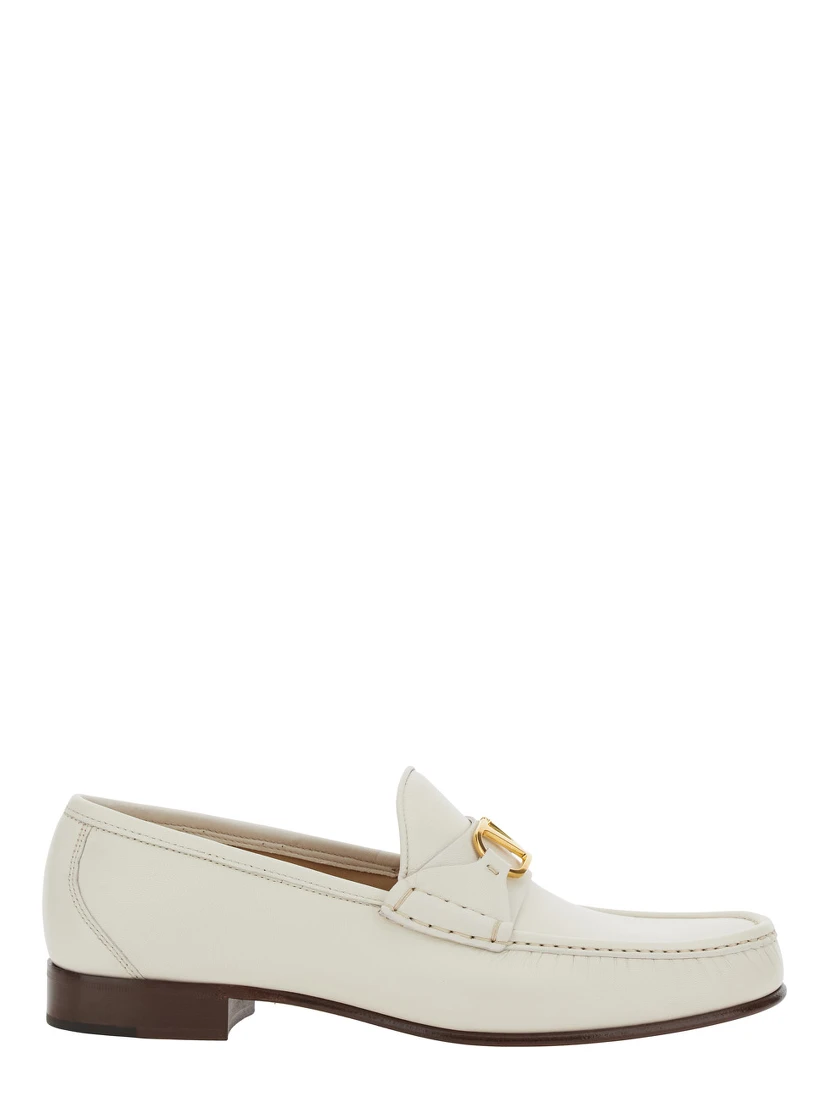 White Loafers with VLogo Plaque on the Front in Leather Man