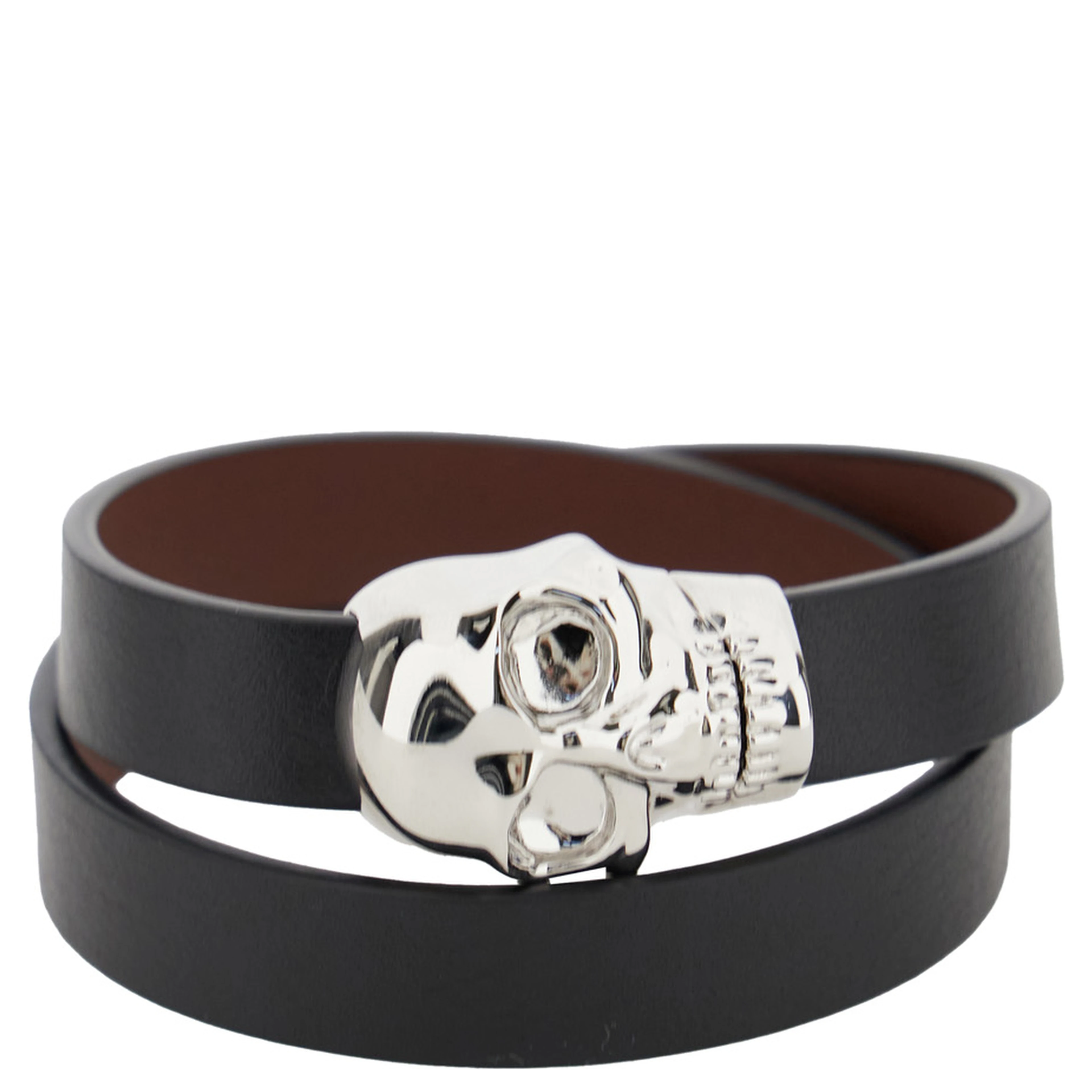Black Bracelet with Skull Detail in Brass and Leather Man